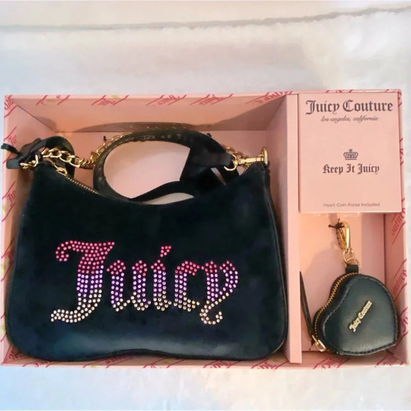 Juicy Couture Black Licorice Pink Rhinestone Handbag Bag & Heart Coin Purse Set - Picture 5 of 11